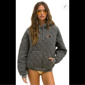 Aviator Nation Quilted Relaxed Pullover Hoodie in Heather Gray Small
